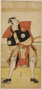 Herec Sakata Hangoro III jako Omi no Kotoda ve hře Haru no Nishiki Date-zome Soga, která se hrála v divadle Nakamura ve druhém měsíci roku 1790 od Katsukawa Shunkо̄