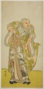 Herec Sakata Hangoro II jako Hige no Ikyu ve hře Shida Yakata Yotsugi no Hikibune, která se hrála v divadle Ichimura v pátém měsíci roku 1782 od Katsukawa Shunkо̄