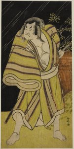 Herec Sakata Hangoro II jako zápasník sumo Kujaku Saburo Narihira () ve hře Sugata no Hana Yuki no Kuronushi (), hrané v divadle Ichimura () v jedenáctém měsíci roku 1776 ()