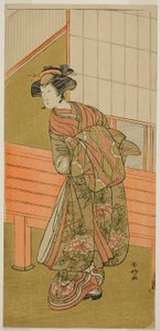 Herec Segawa Kikunojo III jako kurtizána Takamura z Onoteruya () ve hře Sugata no Hana Yuki no Kuromushi (), hrané v divadle Ichimura () v jedenáctém měsíci roku 1776 () od Katsukawa Shunkо̄