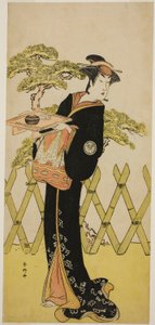 Herec Segawa Tomisaburo II jako paní Masago (Masago Gozen) () ve hře Gendži Saiko Kogane no Tachibana (), která se hrála v divadle Ichimura () v jedenáctém měsíci roku 1788 () od Katsukawa Shunkо̄