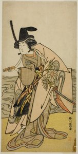 Herec Jamašita Kinsaku II jako paní Kikusui (Kikusui Gozen) ve hře Kaeribana Eiyu Taiheiki, která se hrála v divadle Nakamura v jedenáctém měsíci roku 1779 od Katsukawa Shunkо̄