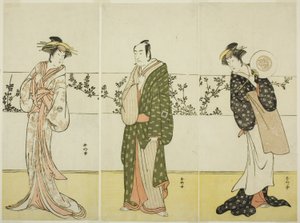 Herci Osagawa Tsuneyo II (vpravo), Ichikawa Monnosuke II (uprostřed) a Segawa Kikunojo III (vlevo), pravděpodobně jako Misao Gozen, Matsuya Soshichi a kurtizána Kojoro z Hakaty ve hře Chiyo no Hajime Ondo no Seto (Počátky věčnosti: Ondo od Katsukawa Shunkо̄