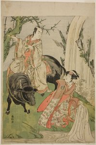 Herci Segawa Kikunojo III jako princezna Hatsune (Hatsune Hime) (vpravo) a Ičikawa Monnosuke II jako Mijukinosuke Jukinari ve hře Otokojama Furisode Gendži, která se hrála v divadle Kiri v jedenáctém měsíci roku 1785. od Katsukawa Shunkо̄