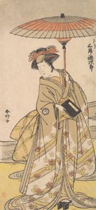 Mimasu Tokujuro jako žena stojící poblíž klikatého potoka, ca. 1780. od Katsukawa Shunko