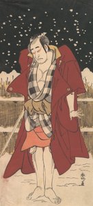 Onoe Matsusuke jako muž ozbrojený mečem, stojící ve sněhu před plotem, 1786. od Katsukawa Shunko