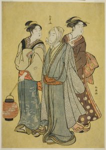 Mladý muž oblečený jako herec z rodiny Ichikawa (od Shunsho), služebná a gejša (od Shuncho) od Katsukawa Shunsho