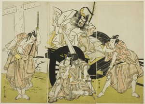 Herci Nakajima Mihoemon II jako Fujiwara no Shihei, Ichikawa Ebizô III jako Matsuo-maru, Ichikawa Yaozô II jako Sakura-maru a Ichimura Uzaemon IX jako Umeo-maru ve filmu Sugawara