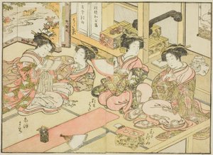 Kurtizány z Ogiya, z knihy „Zrcadlo krásných žen z požitkářských čtvrtí (Seiro bijin awase sugata kagami), sv. 1 od Katsukawa Shunsho