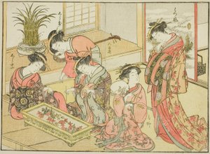 Kurtizány z Wakanaya, z knihy „Zrcadlo krásných žen z požitkářských čtvrtí (Seiro bijin awase sugata kagami), sv. 1 od Katsukawa Shunsho