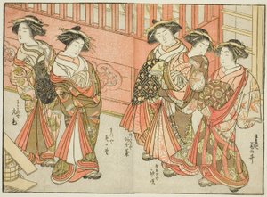Pět kurtizán z různých domů, z knihy "Zrcadlo krásných žen z požitkářských čtvrtí (Seiro bijin awase sugata kagami)," sv. 3 od Katsukawa Shunsho