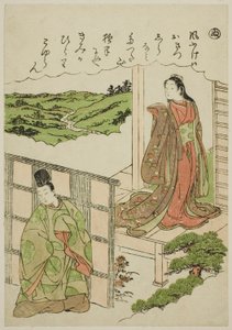 "Nu": Crossing Tatsuta, ze série "Tales of Ise v módních brokátových obrázcích (Furyu nishiki-e Ise monogatari)" od Katsukawa Shunsho