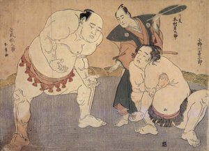 Onagawa Kisaburo a Tanikaze Kajinosuke předvádějí Shiriki v Dohyo, rozhodčí Kimura Shonosuke od Katsukawa Shunsho