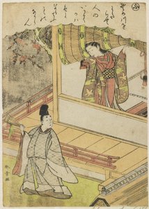 Scéna 4: Dvorní dáma mluví s dvořanem na verandě, konec 18. století od Katsukawa Shunsho
