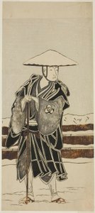 Herec Bando Mitsugoro I jako opat Saimyo-ji Tokiyori, převlečený za mnicha, v Joruri "Onna Hachi no Ki" (ženská verze "The Potted Trees") z druhé části hry Onna Aruji Hatsuyuki no Sekai (A Žena jako mistr: Svět prvního sněhu) od Katsukawa Shunsho
