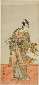 Herec Ichikawa Danjuro V jako Kudo Kanaishi (?) ve hře Izu-goyomi Shibai no Ganjitsu (?), hrál v divadle Morita (?) v jedenáctém měsíci, 1772 (?) od Katsukawa Shunsho