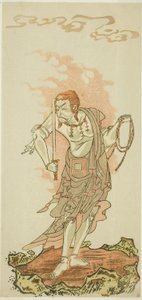 Herec Ichikawa Danjuro V jako buddhistické božstvo Fudo v závěrečné scéně z první části hry Fuki Kaete Tsuki mo Yoshiwara (Znovutašená střecha: Měsíc svítí také nad oblastí potěšení Yoshiwara), uvedeno v divadle Morita od 1. od Katsukawa Shunsho