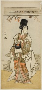 Herec Ichikawa Monnosuke II jako dvorní sluha Shoheida Sadamori ve hře Masakado Kammuri no Hatsuyuki, hrál v divadle Nakamura v jedenáctém měsíci, 1777 od Katsukawa Shunsho