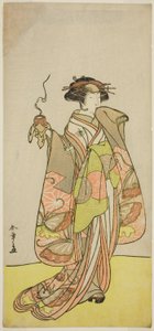 Herec Ichikawa Monnosuke II jako kurtizána Kewaizaka no Shosho ve hře Sono Kyodai Fuji no Sugatami, hrál v divadle Morita v prvním měsíci, 1776 od Katsukawa Shunsho