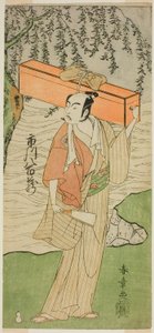 Herec Ichikawa Yaozo II jako Soga no Juro Sukenari v přestrojení za profesionálního šaška Senraku (?) ve hře Soga Moyo Aigo no Wakamatsu (?), hrané v divadle Nakamura (?) ve druhém měsíci, 1769 (?) od Katsukawa Shunsho