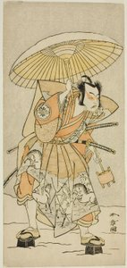 Herec Nakamura Juzo II jako Kajiwara Genta Kagetoki ve hře Izu-goyomi Shibai no Ganjitsu, hrál v divadle Morita v jedenáctém měsíci, 1772 od Katsukawa Shunsho