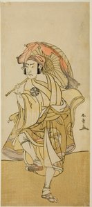 Herec Nakamura Nakazo I jako Onmaya Kisanda v přestrojení za lvího tanečníka Kakubei ve hře Chigo Torii Tobiiri Kitsune, uvedené v divadle Ichimura v jedenáctém měsíci, 1777 od Katsukawa Shunsho