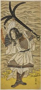 Herec Nakamura Nakazo I jako Taira no Tomomori převlečený za Tokaiya Gimpei, ve hře Yoshitsune Sembon-zakura, hrál v divadle Morita ve čtvrtém měsíci, 1777 od Katsukawa Shunsho