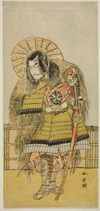 Nakamura Nakazo I jako Takechi Jubei Mitsuhide ve hře Shusse Taiheiki, uvedené v divadle Nakamura v osmém měsíci, od Katsukawa Shunsho