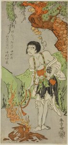 Herec Nakamura Nakazo I jako mnich, Raigo Ajari, ve hře Nue no Mori Ichiyo no Mato (Forest of the Nue Monster: Target of the Eleventh Month), hrané v divadle Nakamura od prvního dne jedenáctého měsíce, 1770 od Katsukawa Shunsho