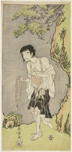 Herec Nakamura Nakazo I jako mnich, Raigo Ajari, ve hře Nue no Mori Ichiyo no Mato (Forest of the Nue Monster: Target of the Eleventh Month), hrané v divadle Nakamura od prvního dne jedenáctého měsíce, 1770 od Katsukawa Shunsho