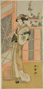 Herec Nakamura Noshio I jako Misao převlečený za Komuso ve hře Kosode-gura no Tekubari, uvedené v divadle Morita ve druhém měsíci, 1772 (?) od Katsukawa Shunsho