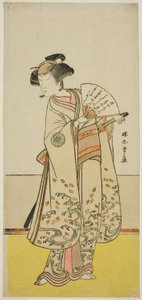 Herec Nakamura Noshio I jako Oiso no Tora (?) ve hře Shida Yuzuriha Horai Soga (?), hrál v divadle Morita (?) v prvním měsíci, 1775 (?) od Katsukawa Shunsho