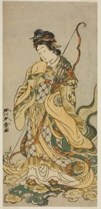 Herec Nakamura Noshio I jako bohyně Benzaiten z Enošimy ve hře Onno Aruji Hatsuyuki no Sekai, hrál v divadle Morita v jedenáctém měsíci, 1773 od Katsukawa Shunsho