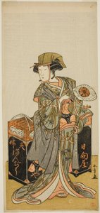Herec Nakamura Tomijuro I jako prodavačka Beancake Hyugaya ve hře Chigo Torii Tobiiri Kitsune, uvedené v divadle Ichimura v jedenáctém měsíci, 1777 od Katsukawa Shunsho