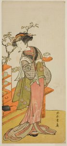 Herec Nakamura Tomijuro I jako servírka Otake ve hře Chigo Suzuri Aoyagi Soga, hrané v divadle Nakamura v prvním měsíci, 1777 od Katsukawa Shunsho