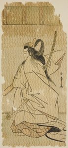 Herec Onoe Matsusuke I jako princ Takanori ve hře „Kaeribana Eiyu Taiheiki“ hrál v divadle Nakamura v jedenáctém měsíci roku 1779 od Katsukawa Shunsho