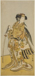 Herec Onoe Tamizo I jako Kureha (?) ve hře Shusse Taiheiki (?), hrané v divadle Nakamura (?) v osmém měsíci, 1775 (?) od Katsukawa Shunsho