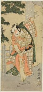 Herec Otani Hiroji III ve scénické póze (Mie) před Shrine Gateway od Katsukawa Shunsho