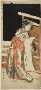 Herec Segawa Kikunojo III jako Lady Shizuka (Shizkua Gozen) v přestrojení za Tamazusu ve hře Chigo Torii Tobiiri Kitsune, uvedené v divadle Ichimura v jedenáctém měsíci, 1777 od Katsukawa Shunsho