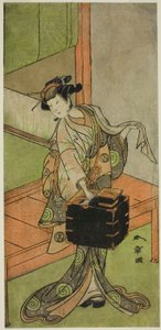 Herec Yamashita Kinsaku II jako Miyagino převlečený za kadeřníka ve hře Kosode-gura no Tekubari, uvedené v divadle Morita ve druhém měsíci, 1772 (?) od Katsukawa Shunsho