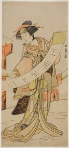 Yamashita Kinsaku Ii Jako Naoe Kazuo Tei Pay Vyzvedávání stop své ženy Koshiji, Perfor Med v Nakamura Tei Rin Tei Osmá brána, 1780 od Katsukawa Shunsho