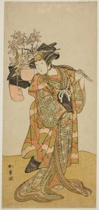 Herec Yamashita Kinsaku II jako Odai, prodejce eboshi (klobouků) ve hře Hana-zumo Genji Hiiki, hrál v divadle Nakamura v jedenáctém měsíci, 1775 od Katsukawa Shunsho