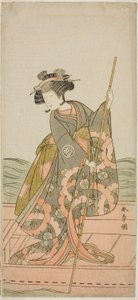 Herec Yoshizawa Iroha I jako princezna Yosooi (Yosooi Hime) ve hře Kikujido Shuen no Iwaya, hrál v divadle Morita v jedenáctém měsíci, 1775