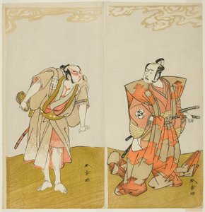 Herci Bando Mitsugoro I jako Hata no Kawakatsu (vpravo) a Otani Hiroemon III jako sluha (Yakko) Gansuke (vlevo) ve hře Miya-bashira Iwao no Butai (Sloupy svatyně na kamenné základně), představení v Moritě Divadlo z patnáctého dne t. zv od Katsukawa Shunsho