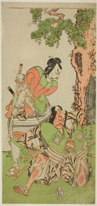 Herci Ichikawa Danzo III jako já no Hayata Tadazumi (vpravo) a Matsumoto Koshiro II jako Osada no Taro Kagemune v přestrojení za Yatsurugi Zaemon (vlevo), ve hře Play Nue no Mori Ichiyo no Mato v jedenáctém měsíci v divadle Nakamura , 1770 od Katsukawa Shunsho