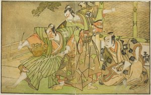Herci Ichikawa Komazo II jako Minamoto no Yorimasa (vpravo), Matsumoto Koshiro II jako Osada no Taro Kagemune v přestrojení za Yatsurugi Zaemon (uprostřed) a Ichikawa Danzo III jako já bez Hayata Tadazumi (vlevo), ve hře Nue no Mori Ichiyo ne Mato, provedl od Katsukawa Shunsho