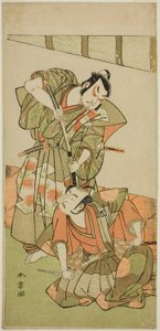 Herci Ichikawa Yaozo II jako Konoshita Hyokichi (?) (vpravo) a Sakata Hangoro II jako Matsunaga Daizen Hisahide (?) (vlevo), ve hře Play Gion Sairei Shinko Ki (?), vystupovali v divadle Ichimura (?) v roce Pátý měsíc, 1775 (?) od Katsukawa Shunsho