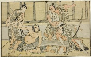 Herci Ichikawa Yaozo II jako Kujaku no Saburo, Matsumoto Koshiro II jako Hata no Daizen Taketora, Nakajima Mihoemon II jako Aramaki Mimishiro a Nakamura Shocho I jako Ki no Tsurayuki (zprava doleva), ve hře Play Kuni no Hana Ono no Itsumoji, Provedeno na t od Katsukawa Shunsho