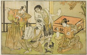 Herci Iwai Hanshiro IV jako Otatsu-gitsune, Nakamura Nakazo I jako Raigo Ajari, Sakata Tojuro III jako Kamada Gon-no-kami Masayori a Ichikawa Yaozo II jako Sakon-gitsune (zprava doleva), ve hře „Nue no Mori Ichiyo no Mato,“ vystoupil na Nakamura T od Katsukawa Shunsho