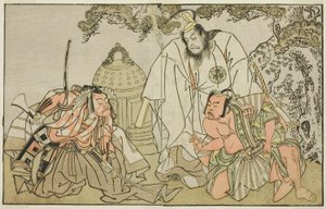 Herci Nakajima Mihoemon II jako Aramaki Mimishiro (vpravo), Matsumoto Koshiro II jako Otomo no Yamanushi (uprostřed) a Ichikawa Danzo III jako Hannya no Goro (vlevo), ve hře Kuni no Hana Ono no Itsumoji v divadle Nakamura v Jedenáctém od Katsukawa Shunsho